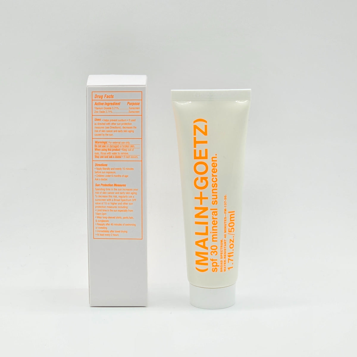 Physical MALIN+GOETZ SPF 30 Mineral Sunscreen tube with carton Drug Facts panel