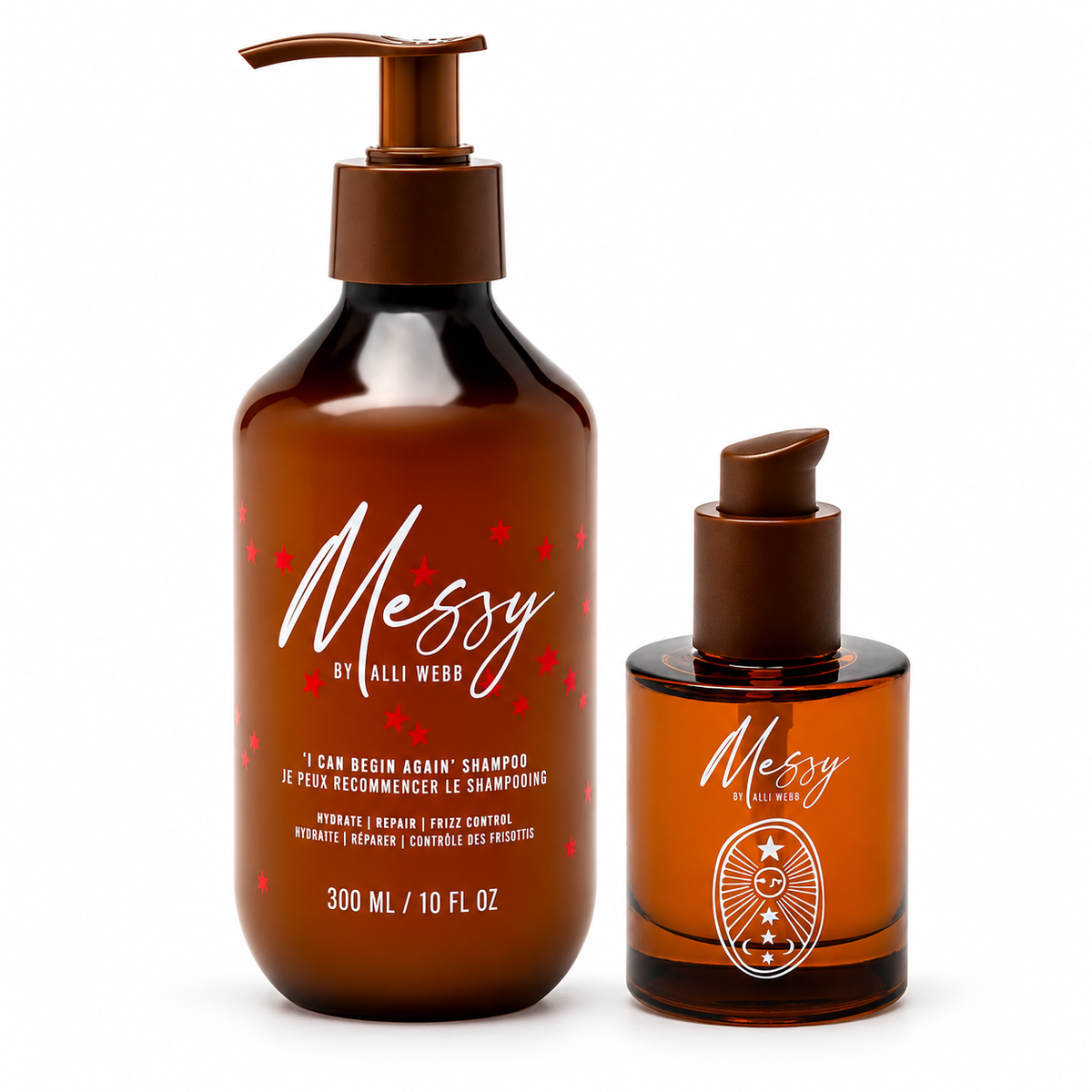 Messy by Alli Webb set with a 300 mL shampoo pump bottle beside the smaller 50 mL overnight repair serum bottle on white.