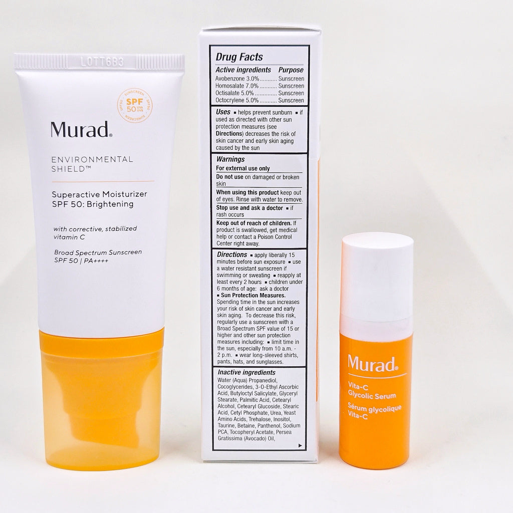 Murad Superactive Moisturizer SPF 50 package Drug Facts, directions, warnings, and active ingredients