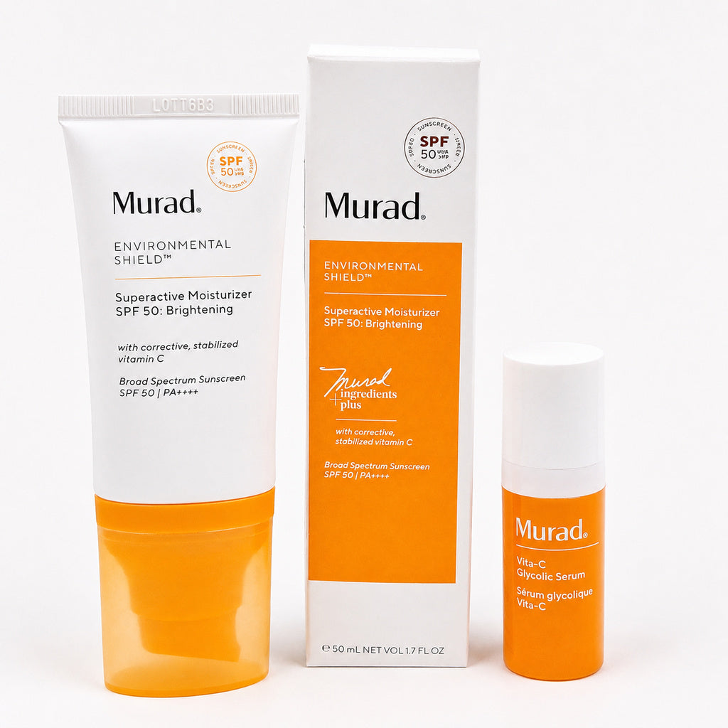 Murad Superactive Moisturizer SPF 50, product box, and bonus Vita-C Glycolic Serum