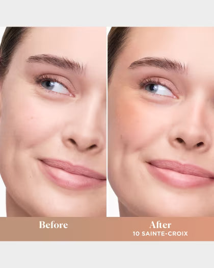 Before-and-after complexion comparison wearing Laura Mercier Bronze Color Infusion in 10 Sainte-Croix