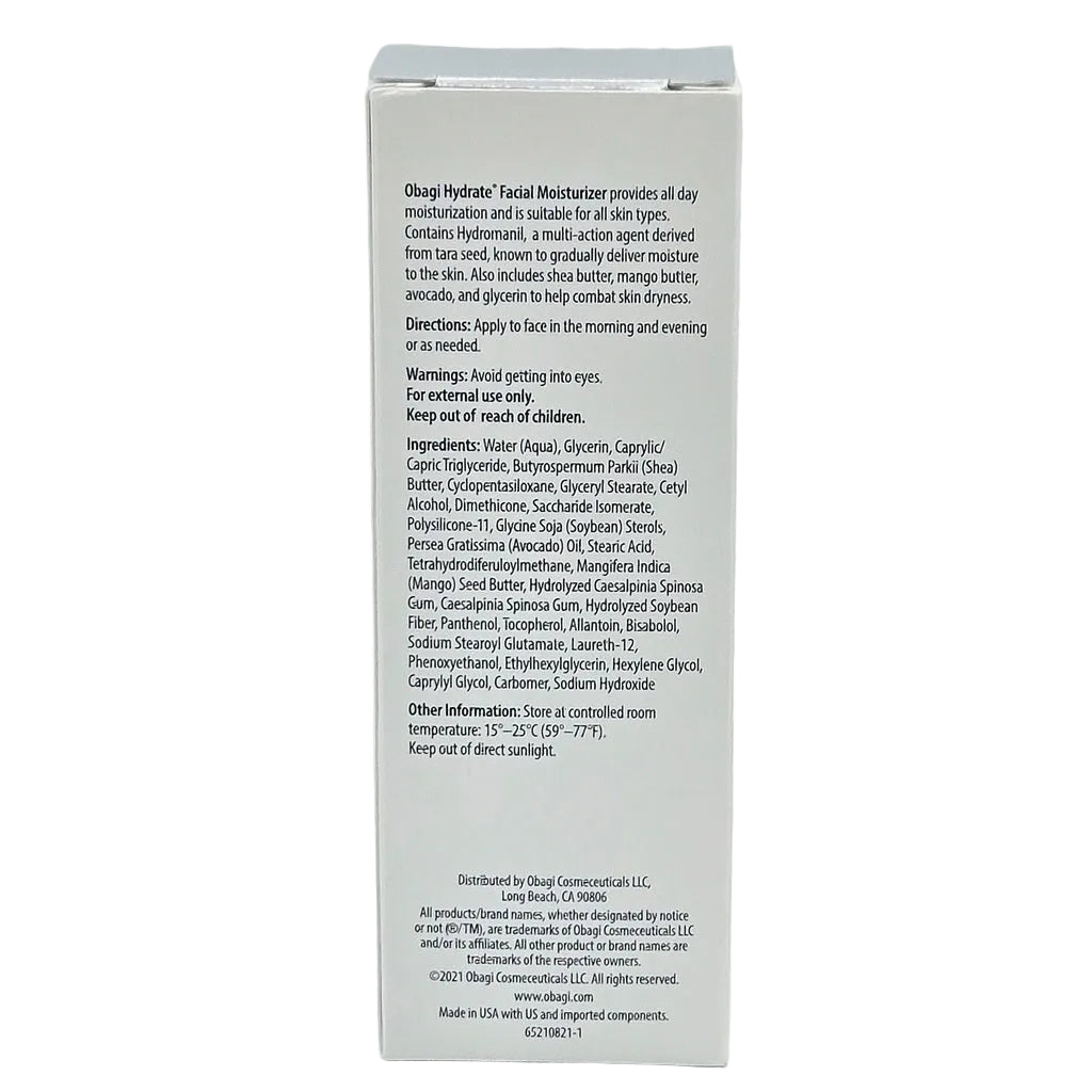Back panel of the Obagi Hydrate Facial Moisturizer box with directions, warnings and full ingredients.