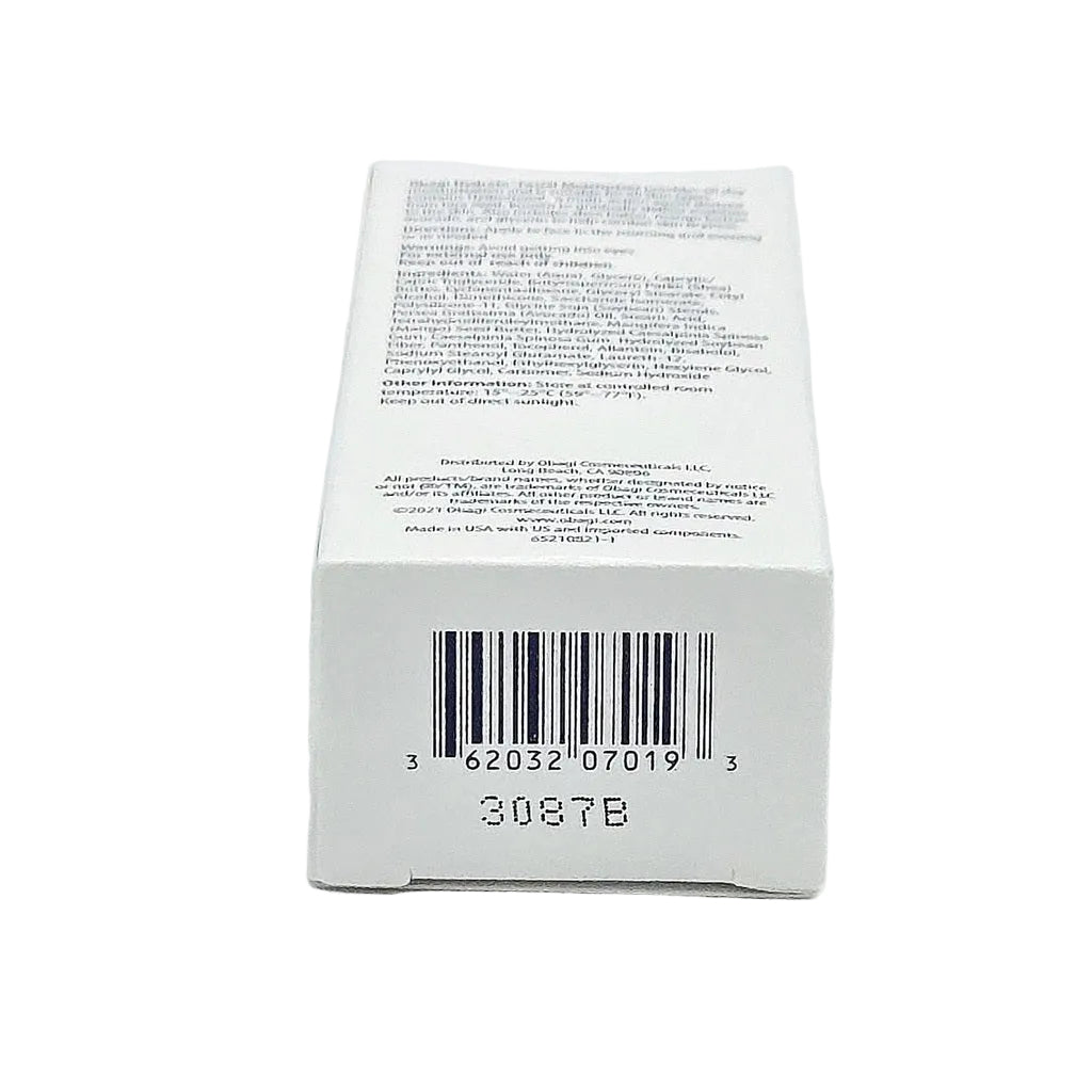 Bottom and back of the Obagi Hydrate Facial Moisturizer box showing UPC 362032070193 and code 3087B.