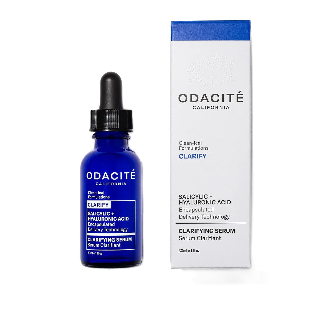 Odacité Clarifying Serum 30 mL bottle with matching retail box on white background