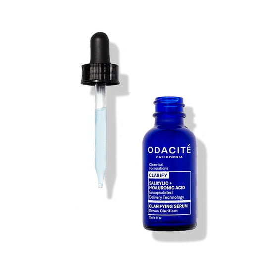 Odacité Clarifying Serum 30 mL bottle and dropper on white background