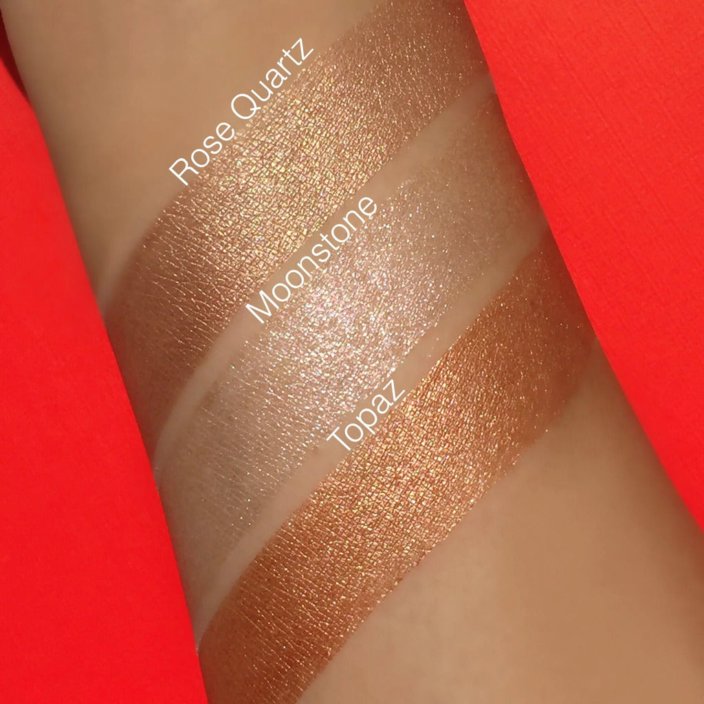 OFRA Dew the Dew Rose Quartz shimmer body lotion swatch compared with Moonstone and Topaz