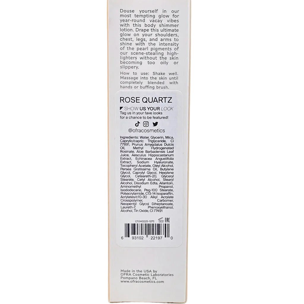 OFRA Dew the Dew Rose Quartz retail box back with directions, ingredients and UPC