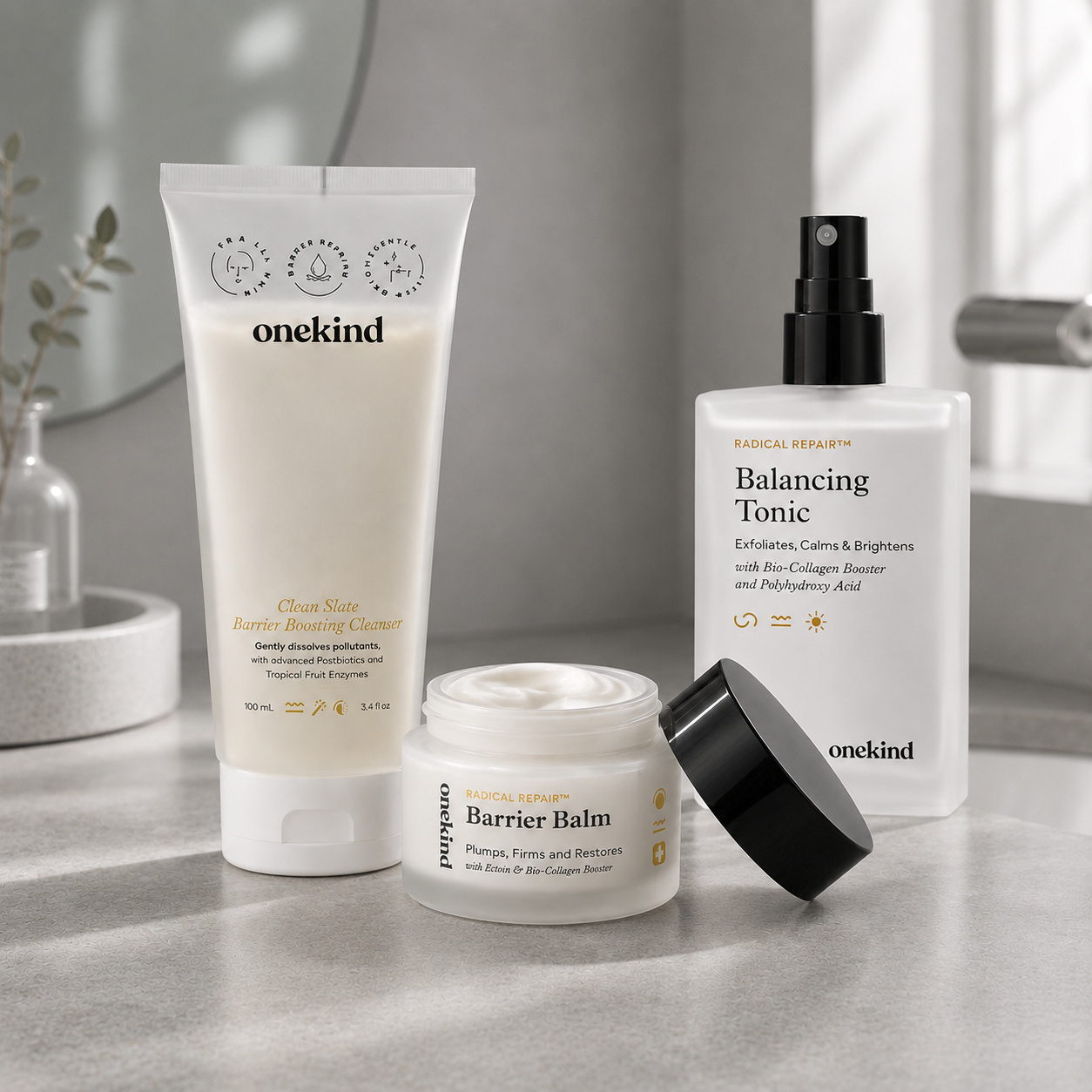 onekind Cleanse, Tone & Barrier Balm 3-Piece Skincare Set