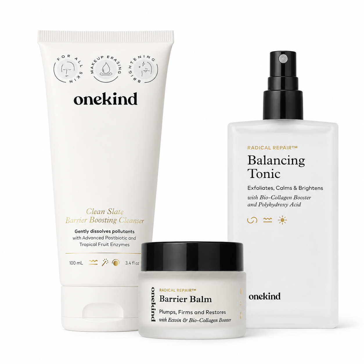 onekind Cleanse, Tone & Barrier Balm 3-Piece Skincare Set