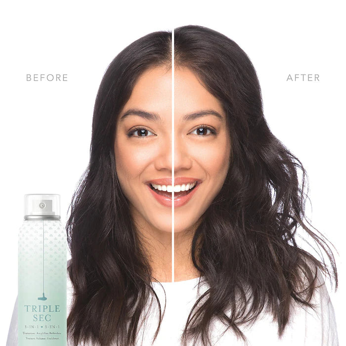 Drybar Triple Sec before-and-after comparison showing dark wavy hair with added volume and tousled texture