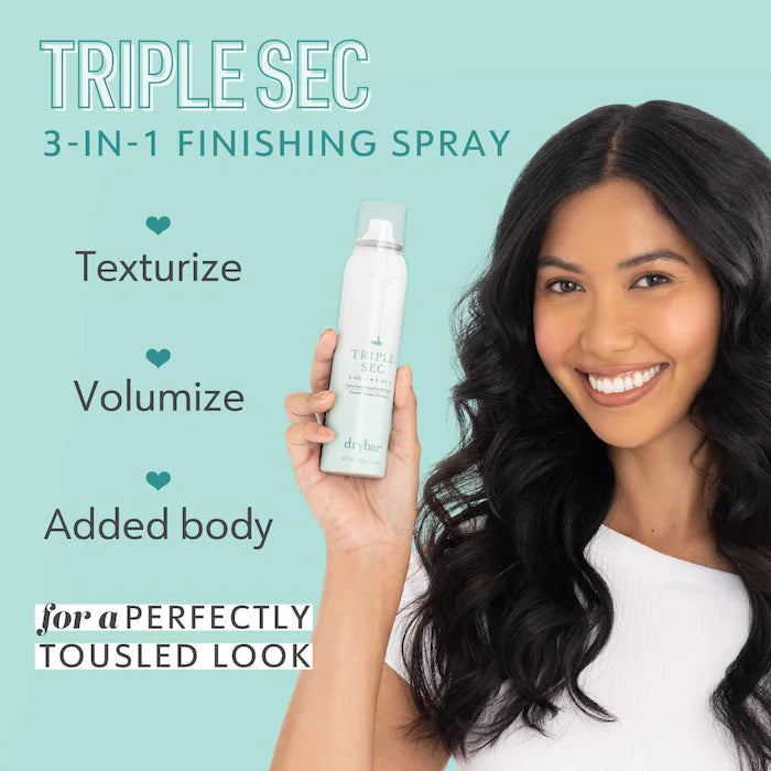 Model holding Drybar Triple Sec beside text highlighting texture, volume and added body for a tousled look