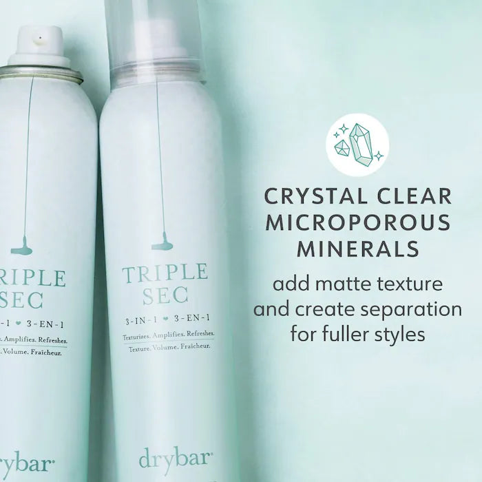 Two Drybar Triple Sec cans beside text explaining that microporous minerals add matte texture and separation
