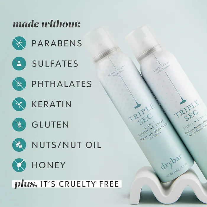 Drybar Triple Sec graphic listing no parabens, sulfates, phthalates, keratin, gluten, nuts or nut oil, or honey; cruelty-free