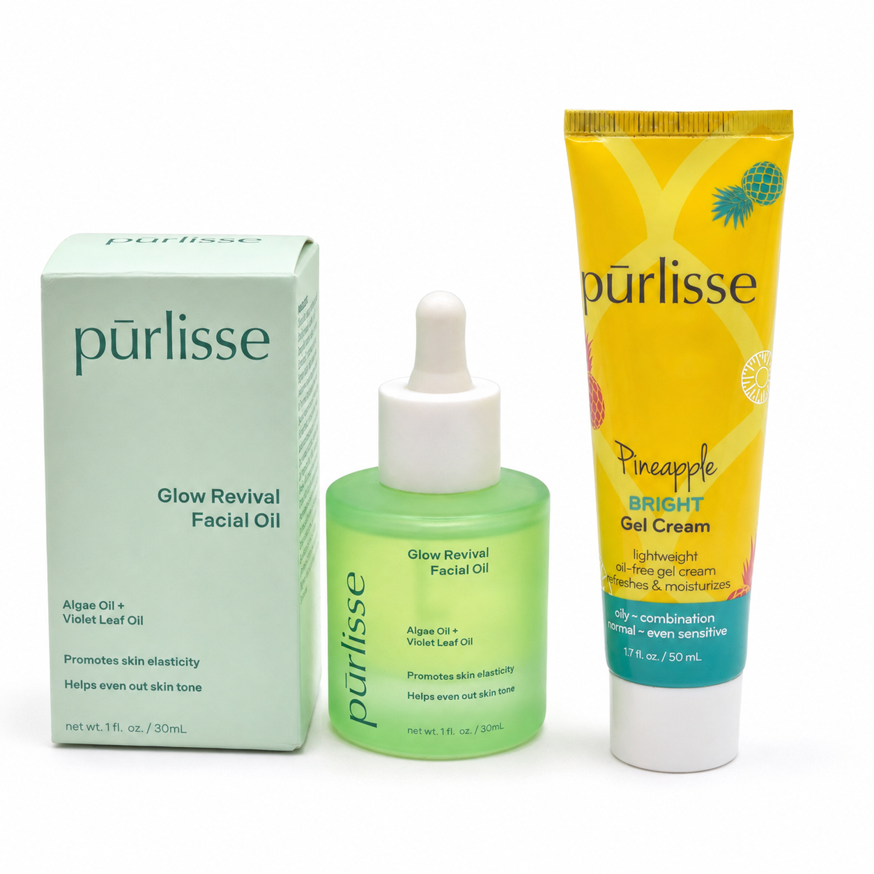 purlisse Glow Revival Facial Oil 1 oz and Pineapple Bright Gel Cream 0.5 oz skincare set