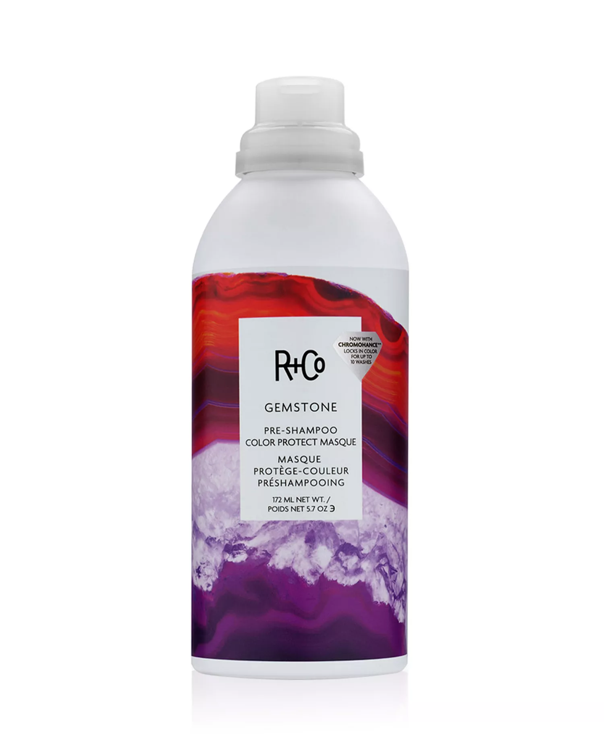 R+Co Gemstone Pre-Shampoo Color Protect Masque 172 mL can with red and purple gemstone pattern and white foam dispenser