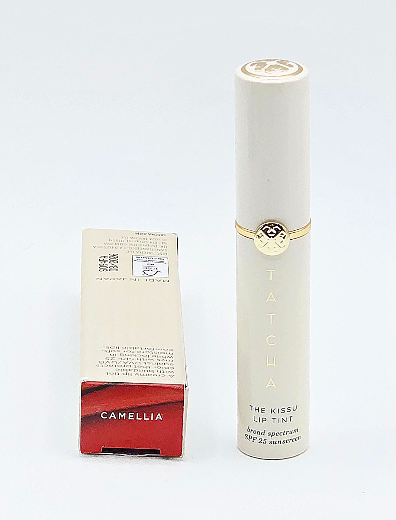 Tatcha Camellia The Kissy Lip Tint packaging on a white background