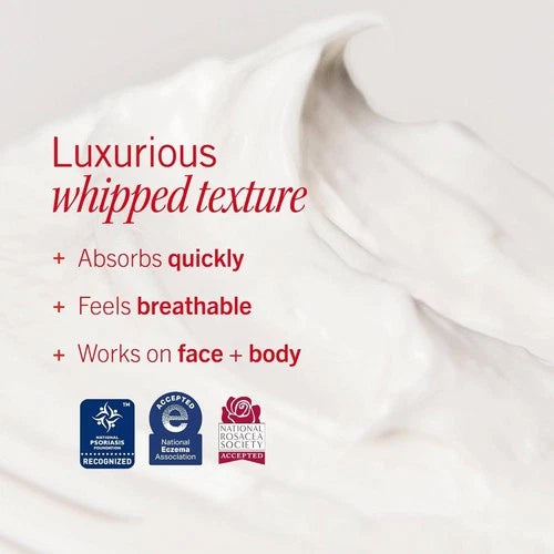 Whipped cream texture with callouts for quick absorption, a breathable feel and use on face and body.