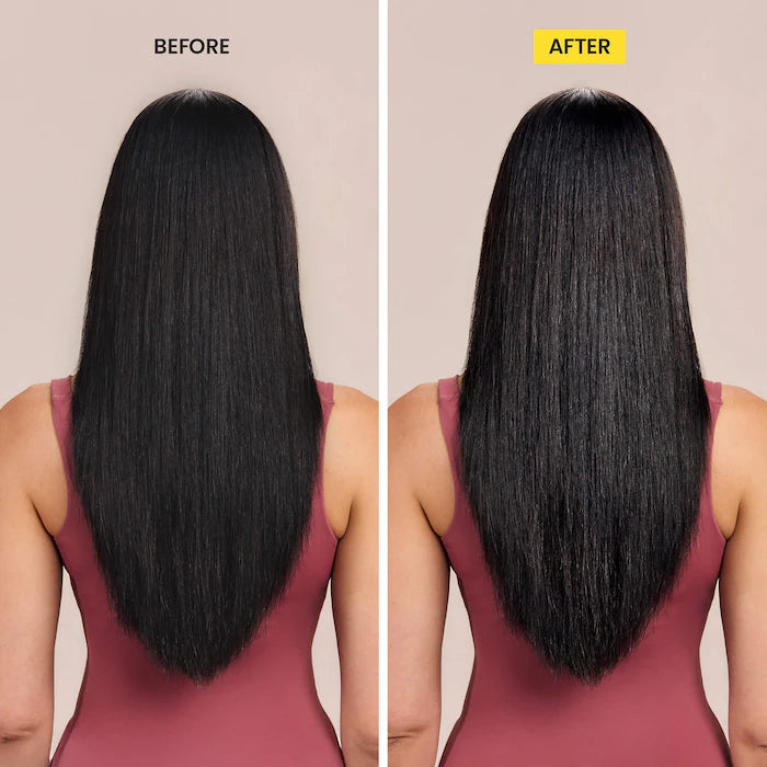 Drybar Sparkling Soda before-and-after back view of long dark hair showing increased shine