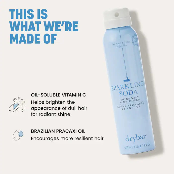 Drybar Sparkling Soda ingredient graphic highlighting oil-soluble vitamin C and Brazilian pracaxi oil