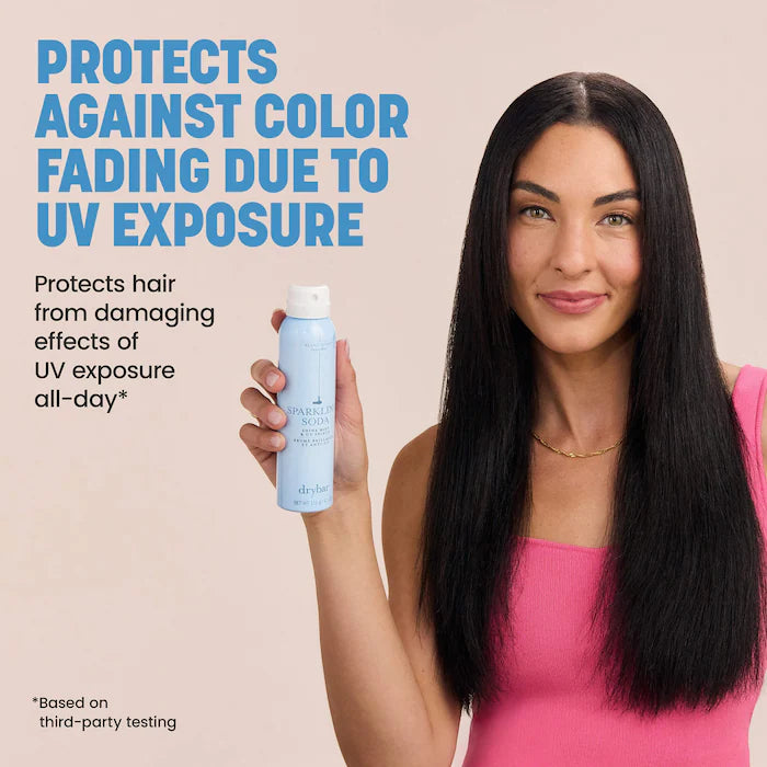 Model holding Drybar Sparkling Soda beside text describing protection against hair color fading from UV exposure