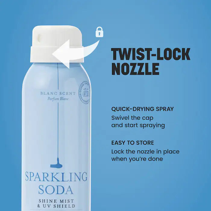 Close-up of Drybar Sparkling Soda twist-lock spray nozzle with instructions to swivel open and lock after use