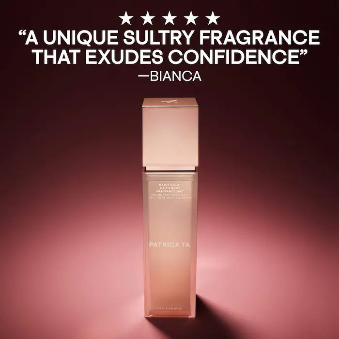PATRICK TA Major Glow bottle beside a customer review quotation