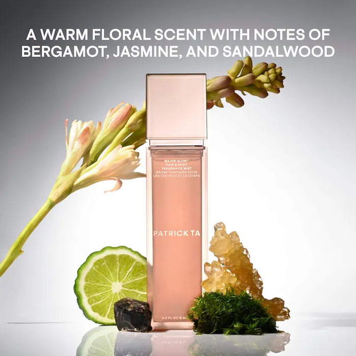 PATRICK TA Major Glow fragrance-note card featuring bergamot, jasmine and sandalwood