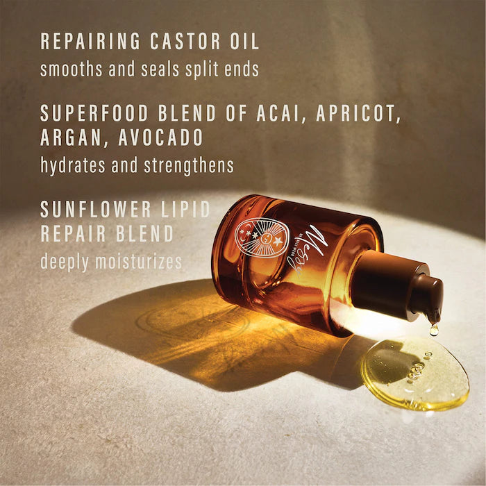 Messy overnight serum bottle beside a golden oil swatch; graphic highlights castor-derived repair, acai, apricot, argan and avocado oils, and a sunflower lipid blend.