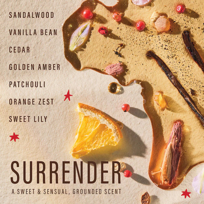 Surrender serum fragrance graphic listing sandalwood, vanilla bean, cedar, golden amber, patchouli, orange zest and sweet lily.
