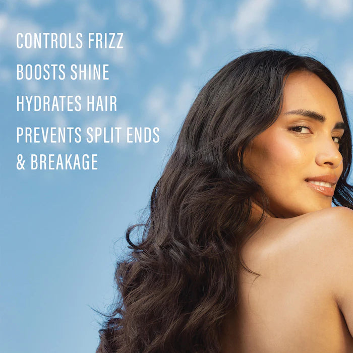 Model with long dark waves beside Messy overnight serum benefits: frizz control, shine, hydration and protection from split ends and breakage.