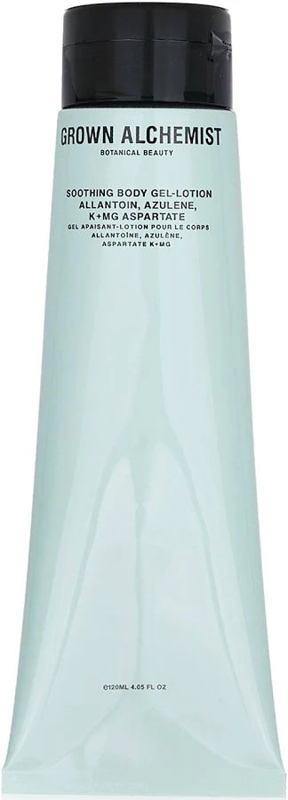 Grown Alchemist Soothing Body Gel-Lotion, 120 mL / 4.05 fl oz pale blue tube with black cap and allantoin, azulene and K+Mg aspartate label