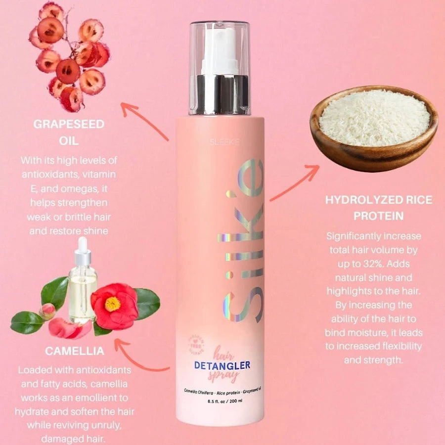 Sleek’e Silk’e detangler ingredient graphic featuring grapeseed oil, hydrolyzed rice protein and camellia