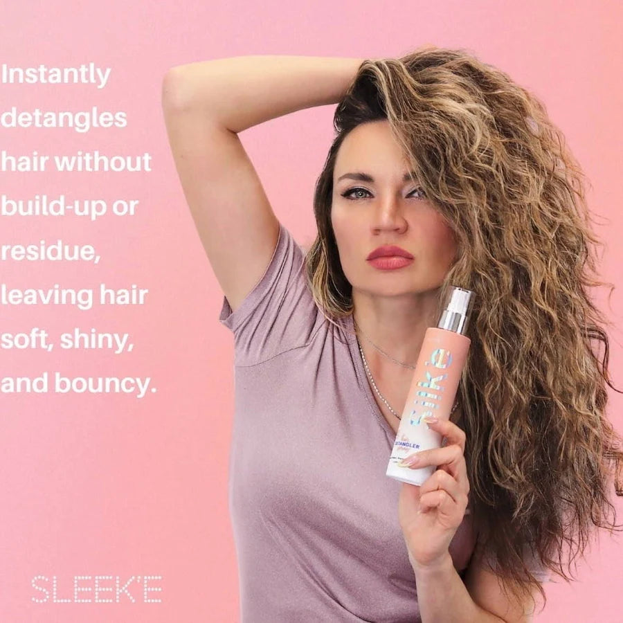 Model with long curly hair holding Sleek’e Silk’e Hair Detangler beside a detangling benefits caption