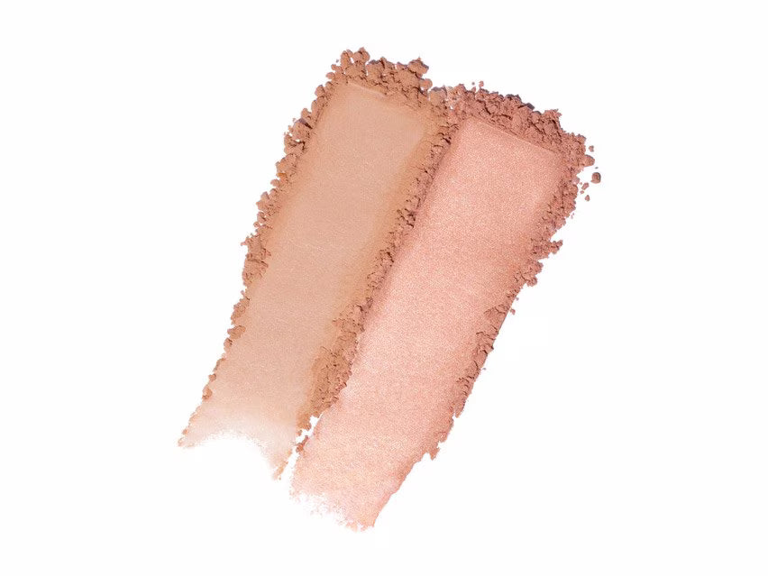 Matte peach-bronze and luminous rose-peach powder swatches for Laura Mercier shade 10 Sainte-Croix