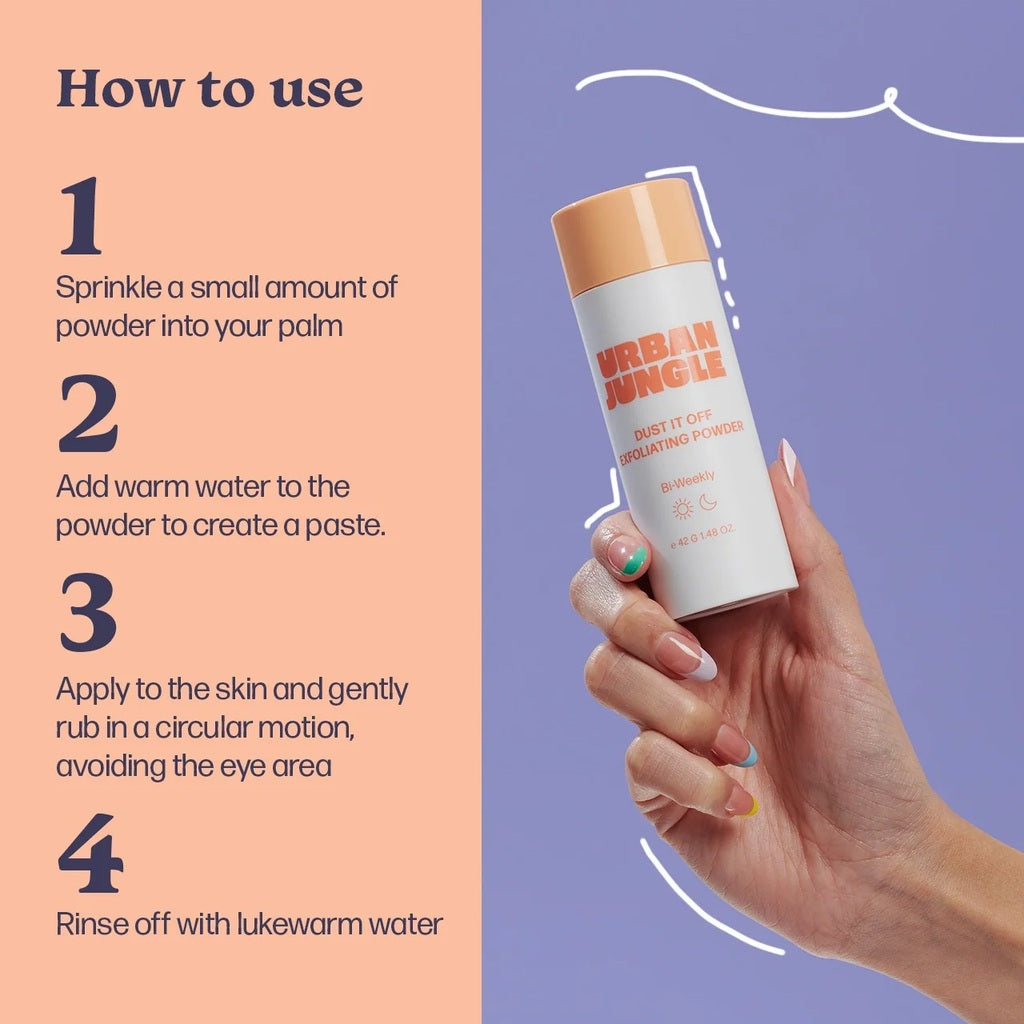 Directions for mixing and using Urban Jungle Dust It Off Exfoliating Powder.
