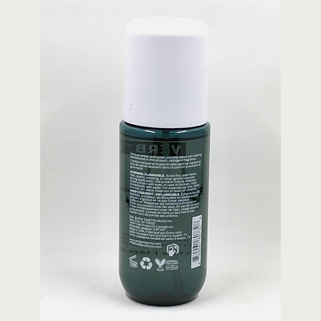 Back of Verb Amber + Jasmine Hair & Body Fragrance Mist bottle showing product label and barcode