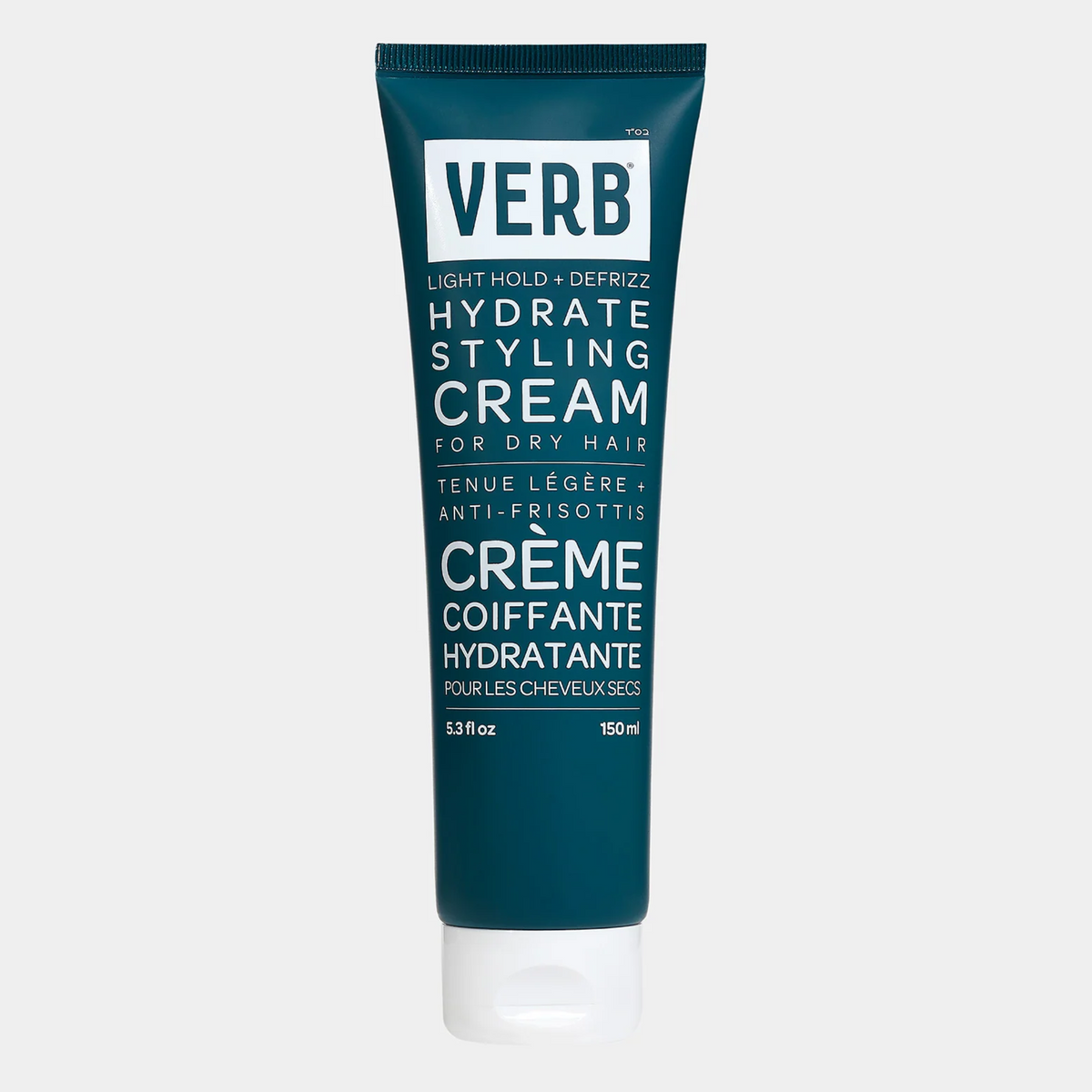 Verb Hydrate Styling Cream for dry hair, 150 mL / 5.3 fl oz teal tube with white cap, front view.